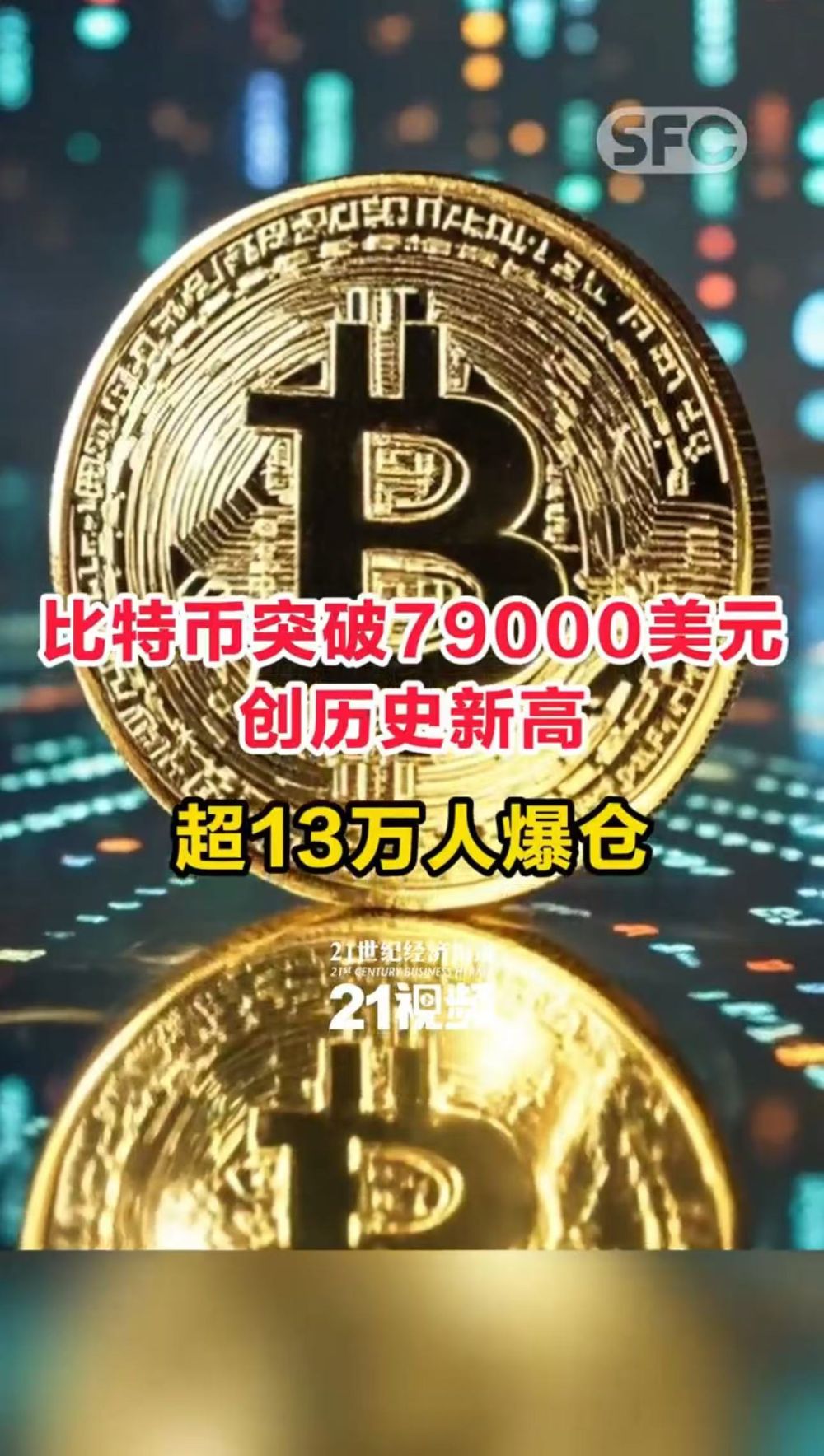 视频丨比特币突破79000美元，创历史新高！超13万人爆仓！ - 21财经