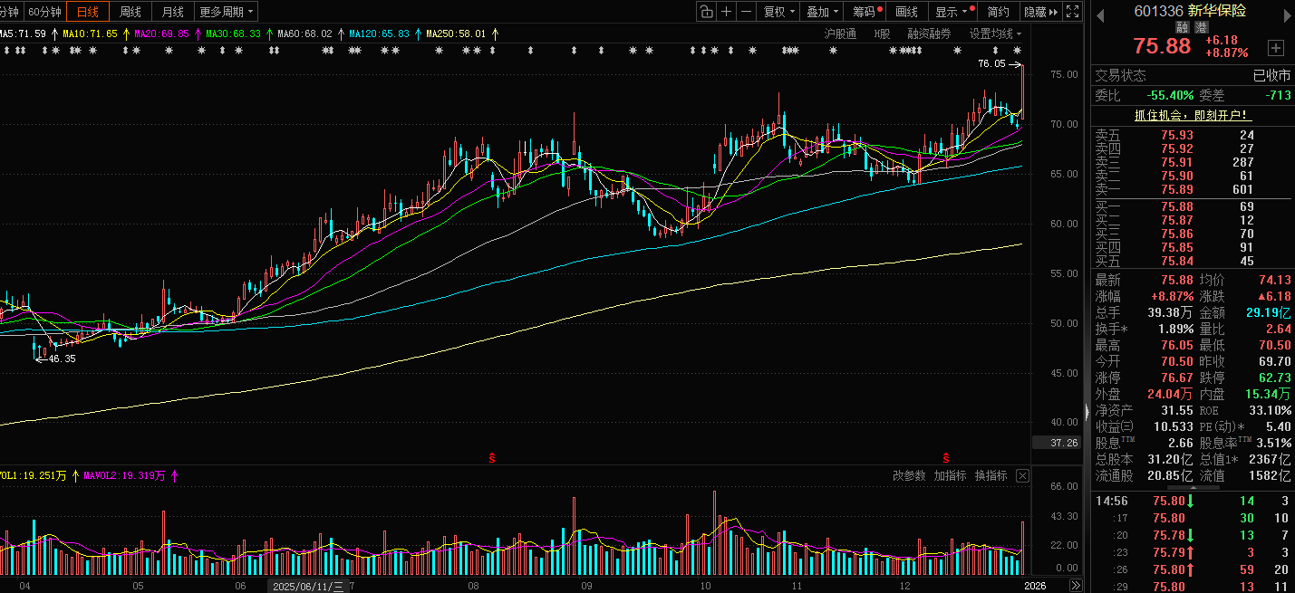 新华保险去年上涨46%居行业第一，开年首日再涨8.87% - 21经济网