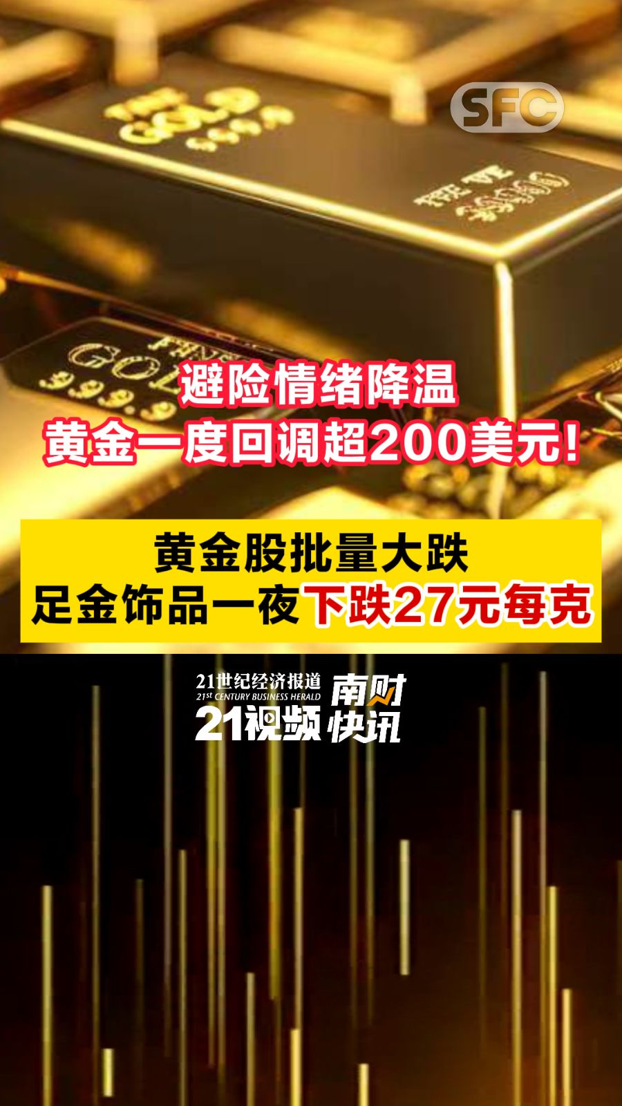 视频｜避险情绪降温，黄金一度回调超200美元！黄金股批量大跌，足金饰品一夜下跌27元每克- 21财经